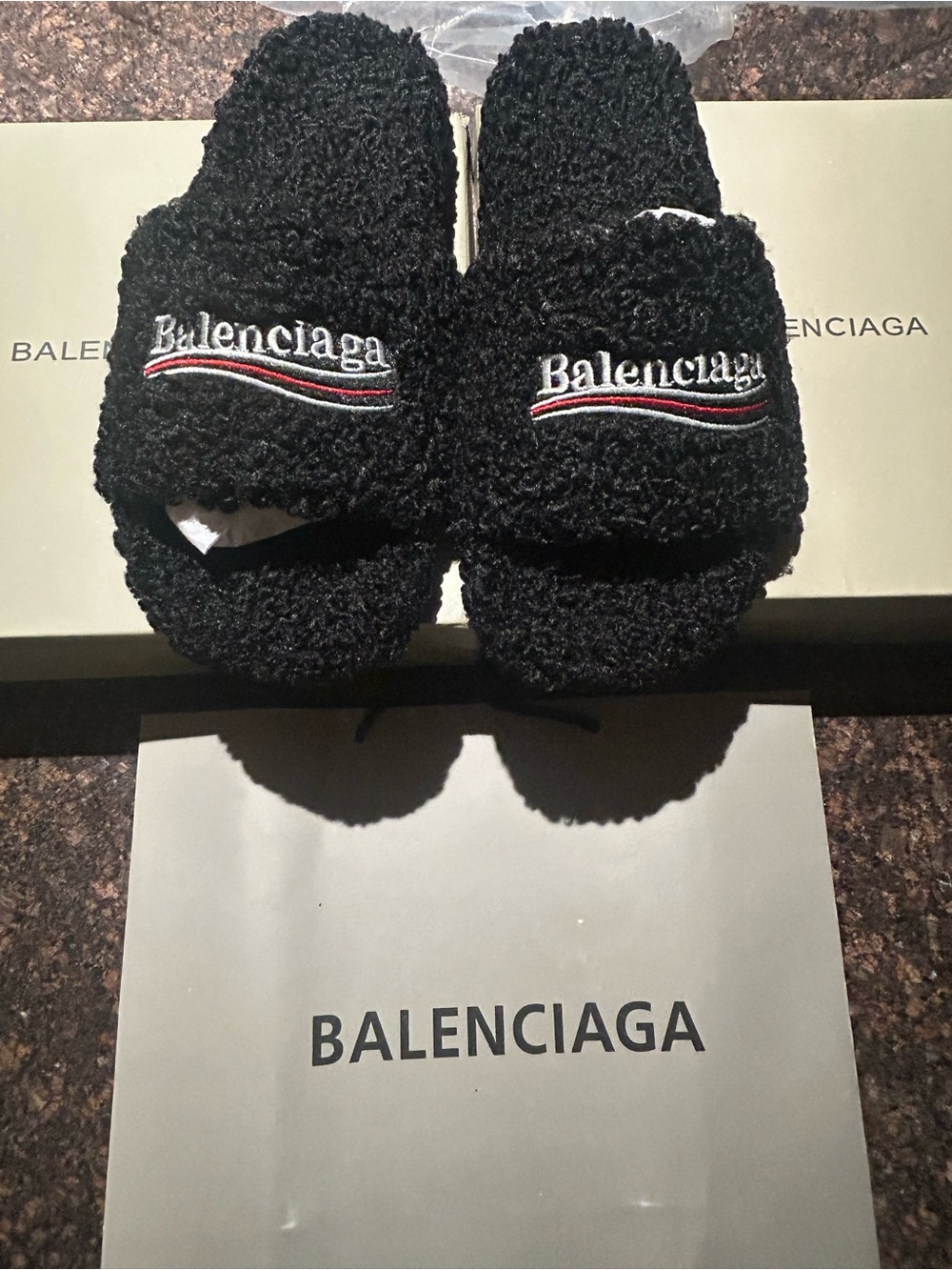 Balenciaga Black Fuzzy Slide Sandals with Red & White Accent Logo